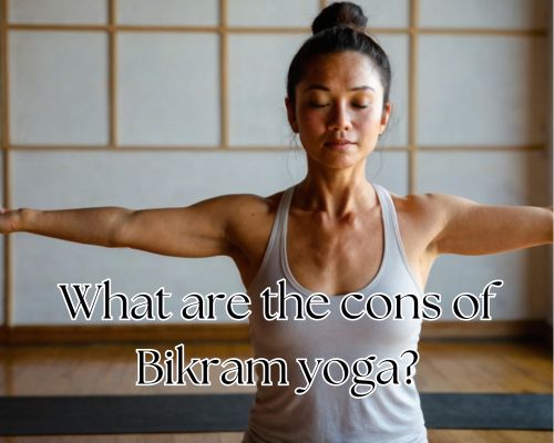 Bikram yoga sequence shown by woman in serene setting.