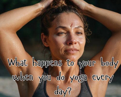 Woman glowing with sweat after intense yoga.