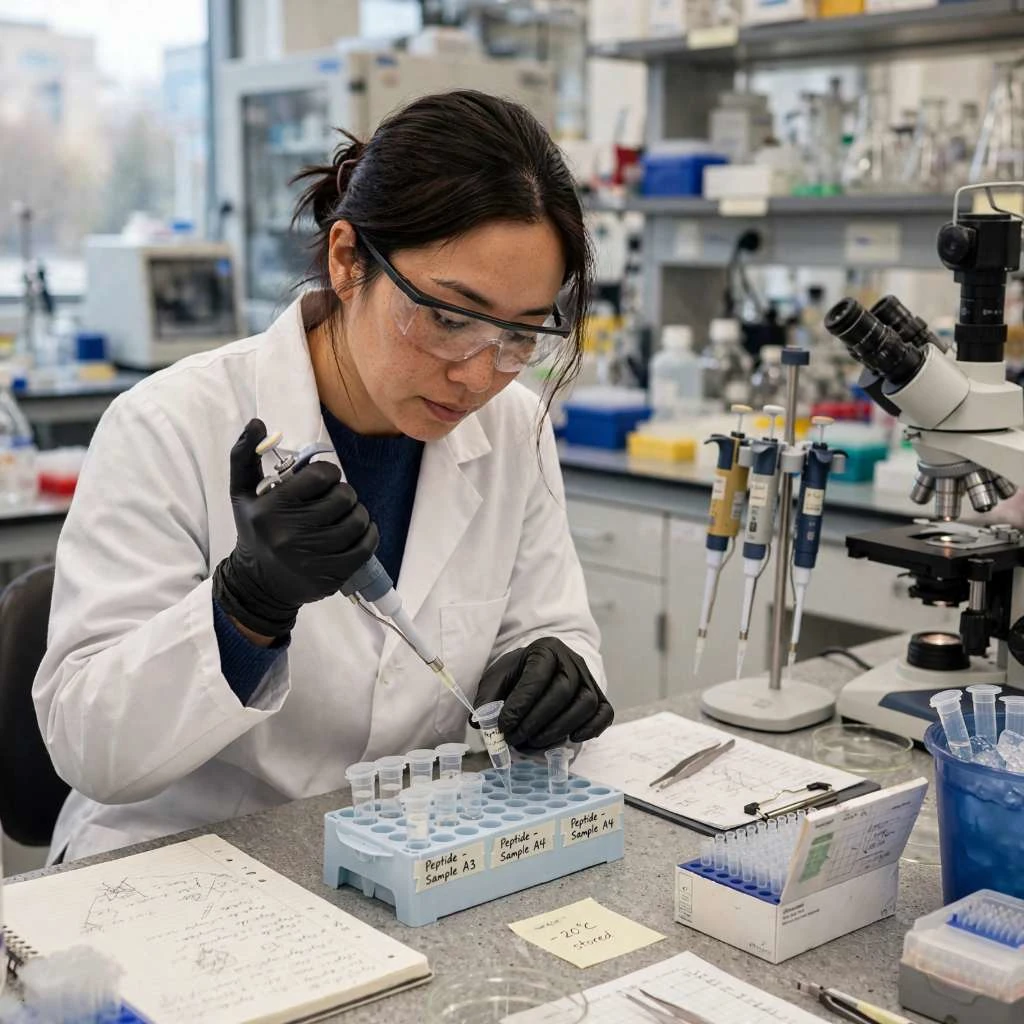 Scientist Handling Peptide Research Samples For Investigation