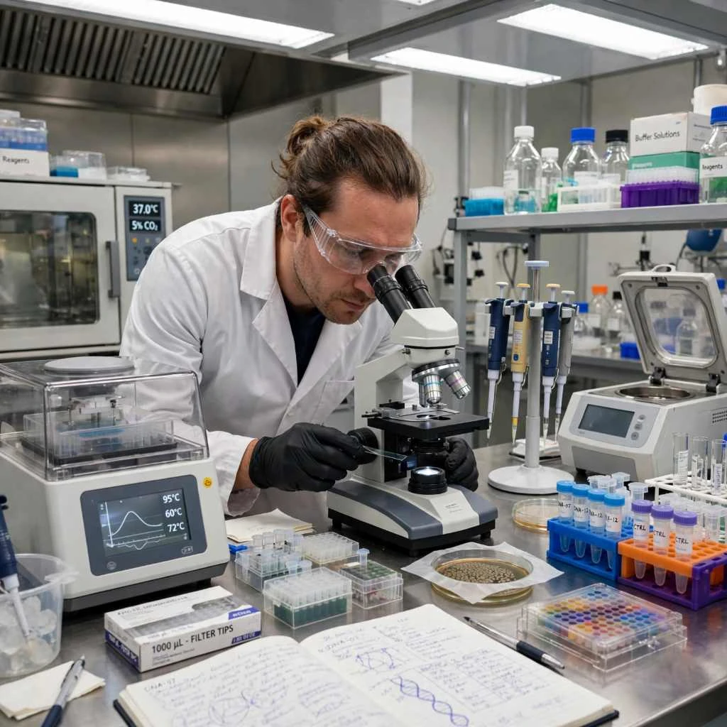 Researcher Studying Peptide Compounds In Laboratory